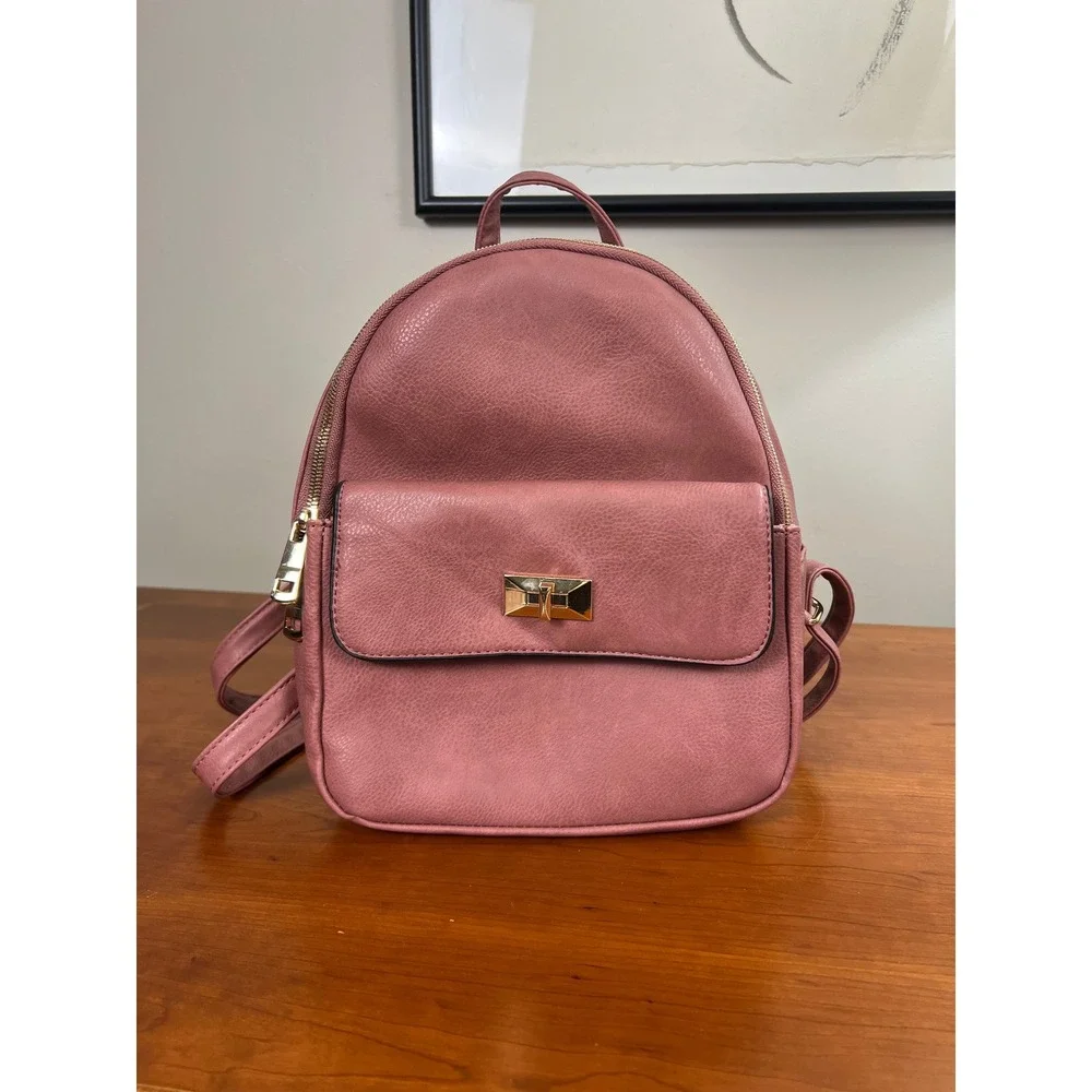 Mauve Pink Vegan Leather Mini Backpack Gold Hardware Animal Print Lining Small